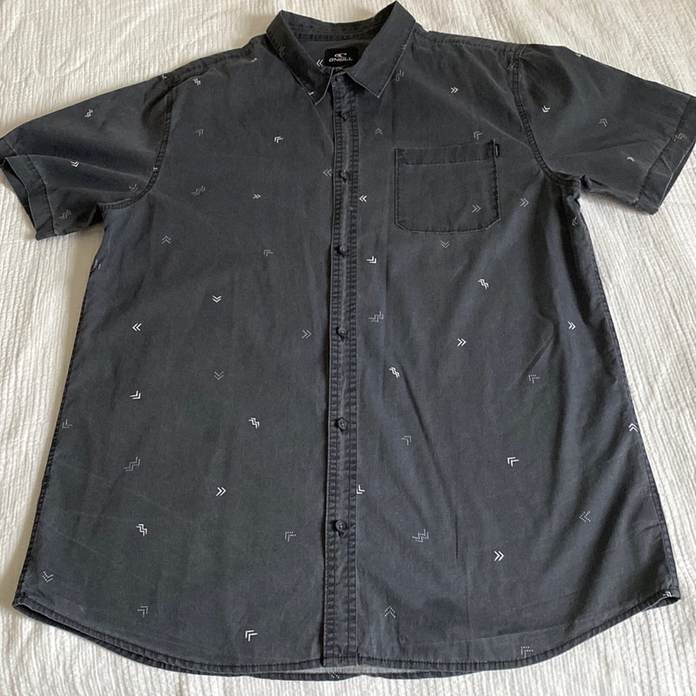 O’Neill mens 100% cotton short sleeve charcoal gray button front shirt, size XXL